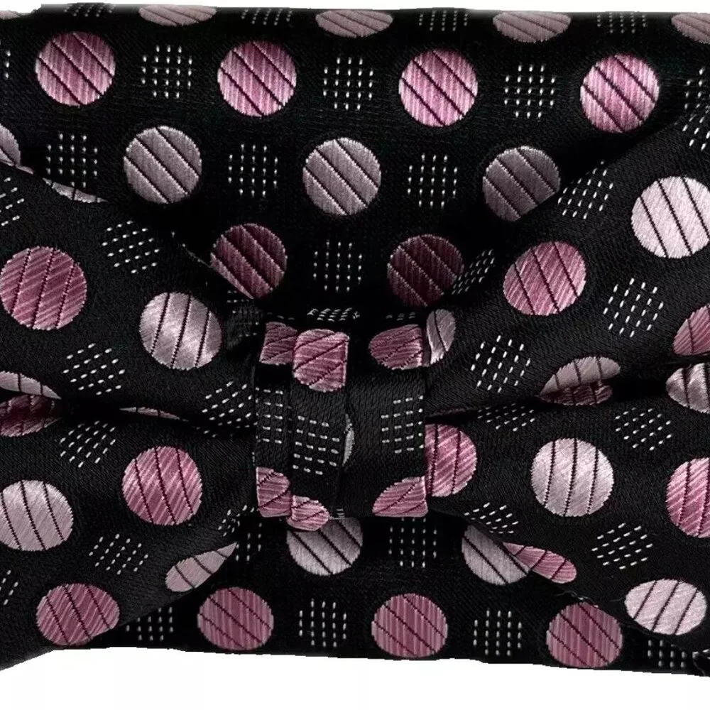 Stacy Adams Men's Bow Tie Hanky Black Pink Polka Dot Microfiber Handmade 2.5